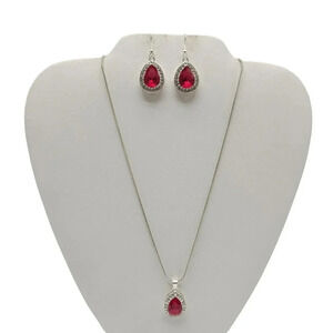 Clear Rhinestone Ruby Crystal Teardrop Pendant Necklace Earrings Ring Set